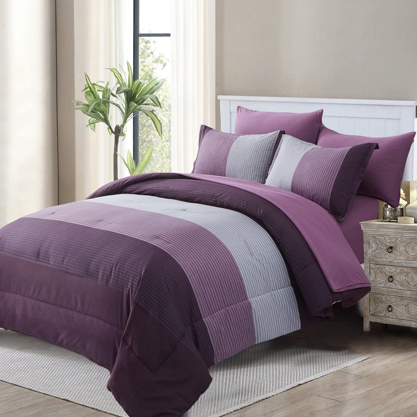 WONGS BEDDING Purple Comforter Set Queen, Reversible Purple Striped Patchwork Alternative Comforte Set for Queen Bed,3 Pieces(1 Comforter+2 Pillowcases), Soft Microfiber Bedding Set 90”×90”