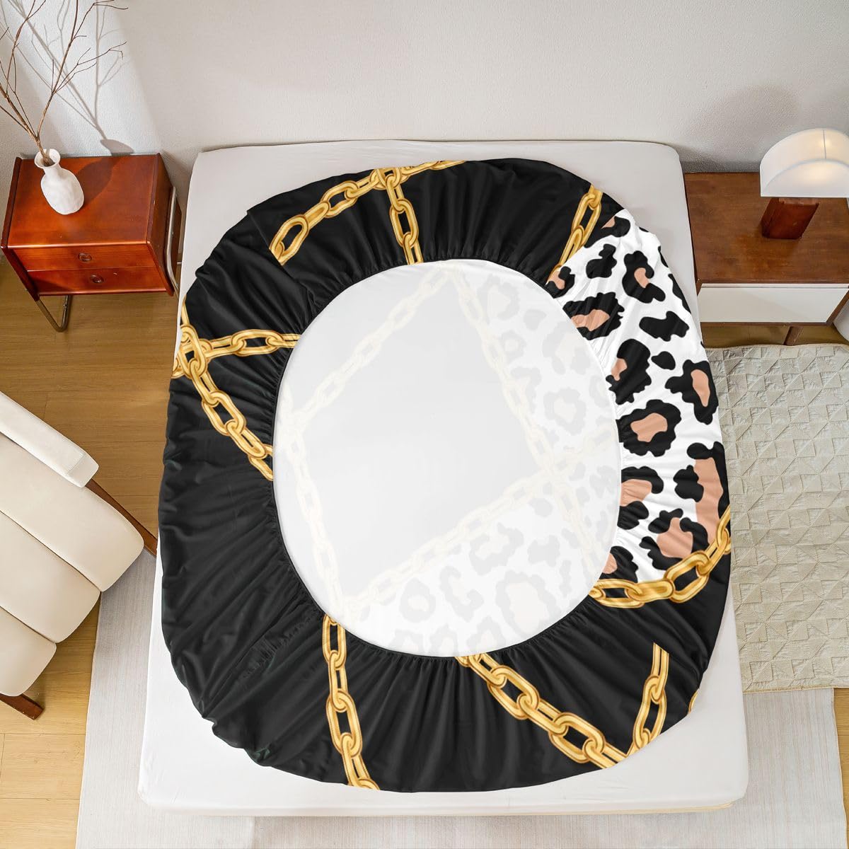jejeloiu Black Leopard Fitted Sheet with 1 Pillowcase Twin Size Iron Chain Print Bed Sheets Set 16" Deep Pocket Boys Girls Cheetah Bedding Animal Print Teens Bedroom Decor Breathable Soft Lightweight