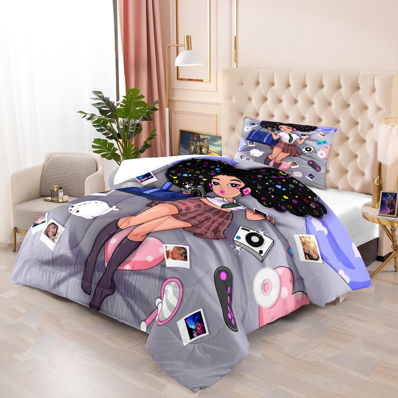 FJKJHKGJ Black Girl Comforter Set - Twin for Girls African American Sets Kids Bedroom Decor 2 Piece Pretty Bedding with 1 Pillowcase