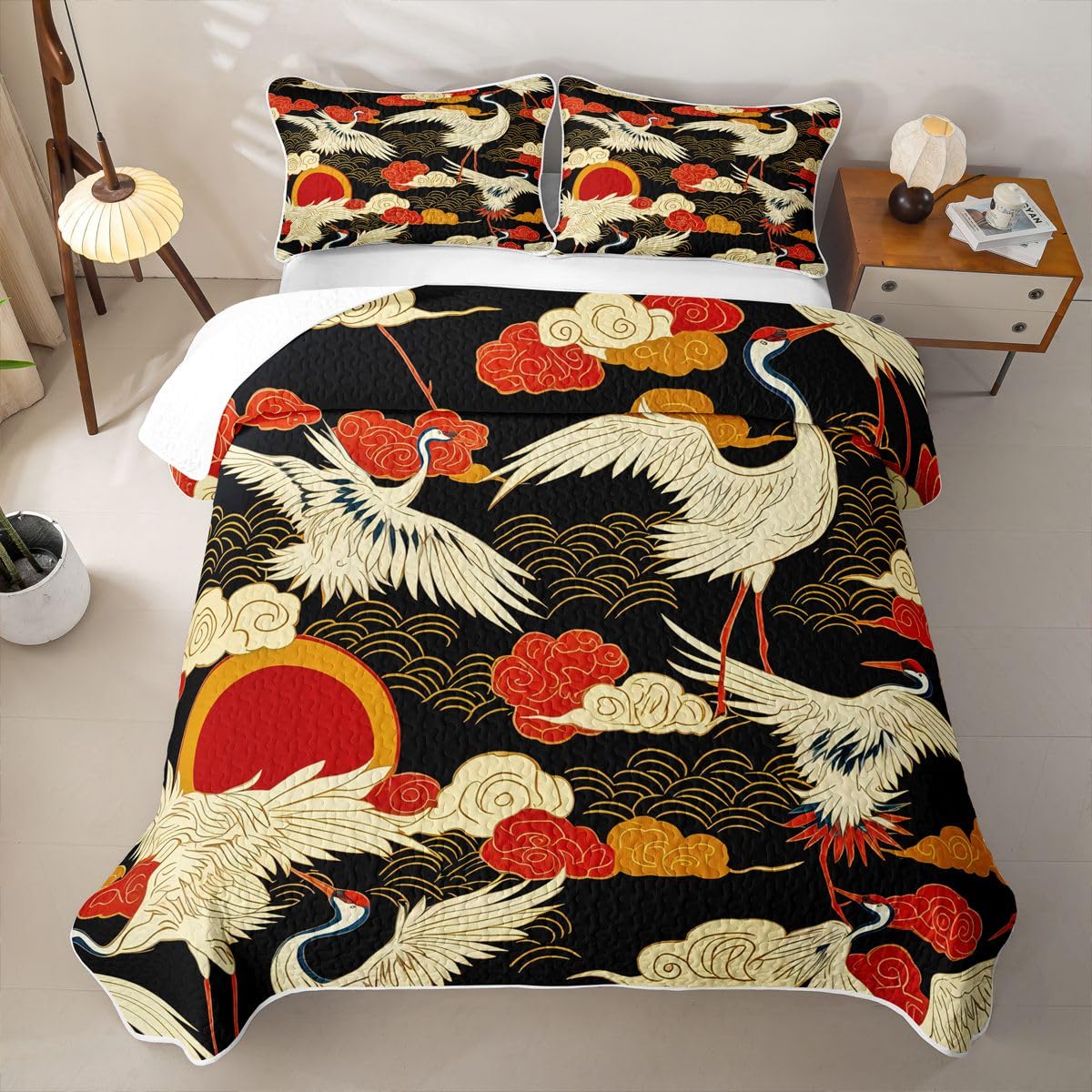 Erosebridal Gold Red Sun Quilts Twin Size - Black White Crane Bedspread Coverlet Set, Japanese Style Clouds Stripes Quilt Coverlets 2Pcs (Only 1 Pillowcase)