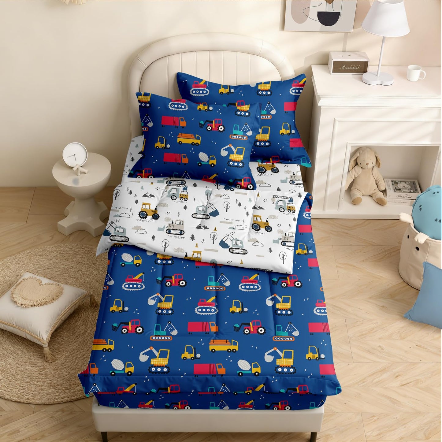 Yadangxiawa Kids Comforter Set,Zipper Bedding Twin for Boys,Construction Printed Comforter Set with Truck Fitted Sheets and Pillowcases for All Season(Construction Twin)