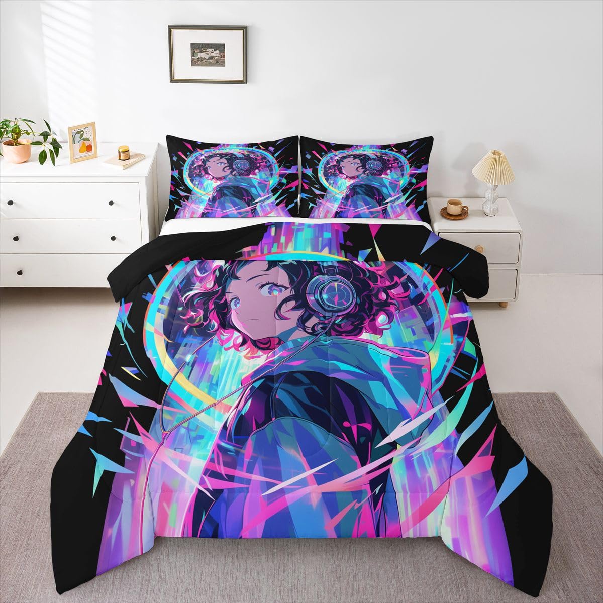 Erosebridal 3D Anime Girl Bedding Comforter Sets American Street Culture Comforter Set Full for Teens Youth Girls Watercolor Graffiti Style Bedding Galaxy Stars Print Duvet Set with 2 Pillow Cases