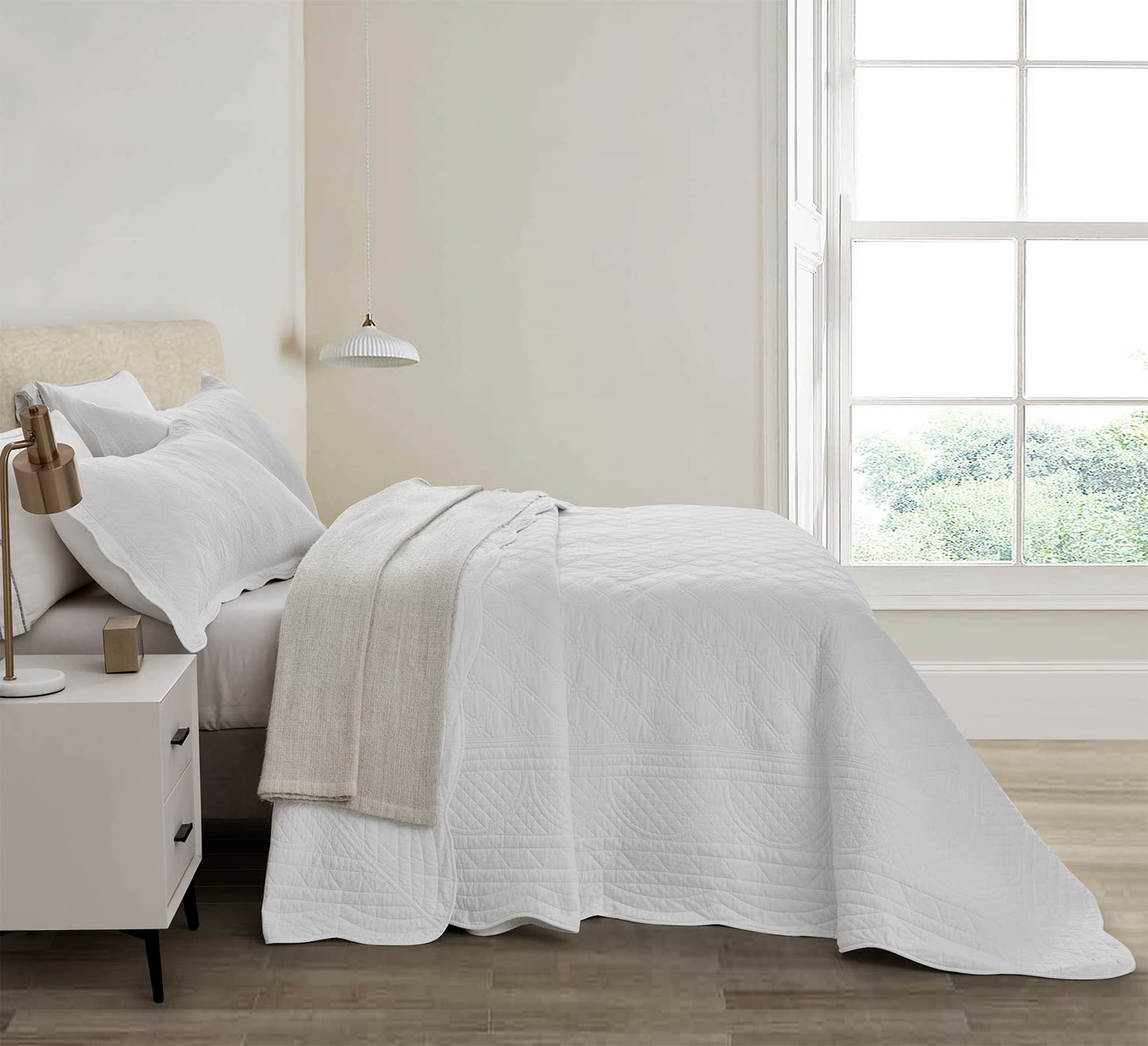 CHIXIN Cotton Bedspread Full Size - Real Stitching - Luxury Quilted Bedding Cover for All Season, Reversible, Ultra Soft, Lightweight, 3 Piece, Pure White