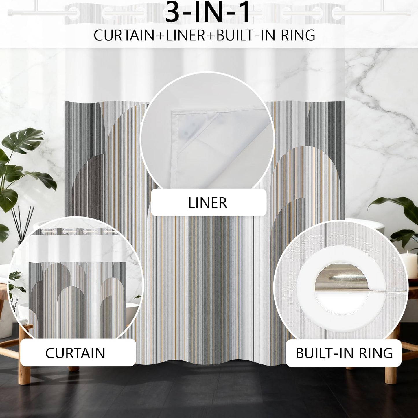 NAEMBCU No Hook Shower Curtain with Snap in Fabric Liner Set 71x74 Inch
