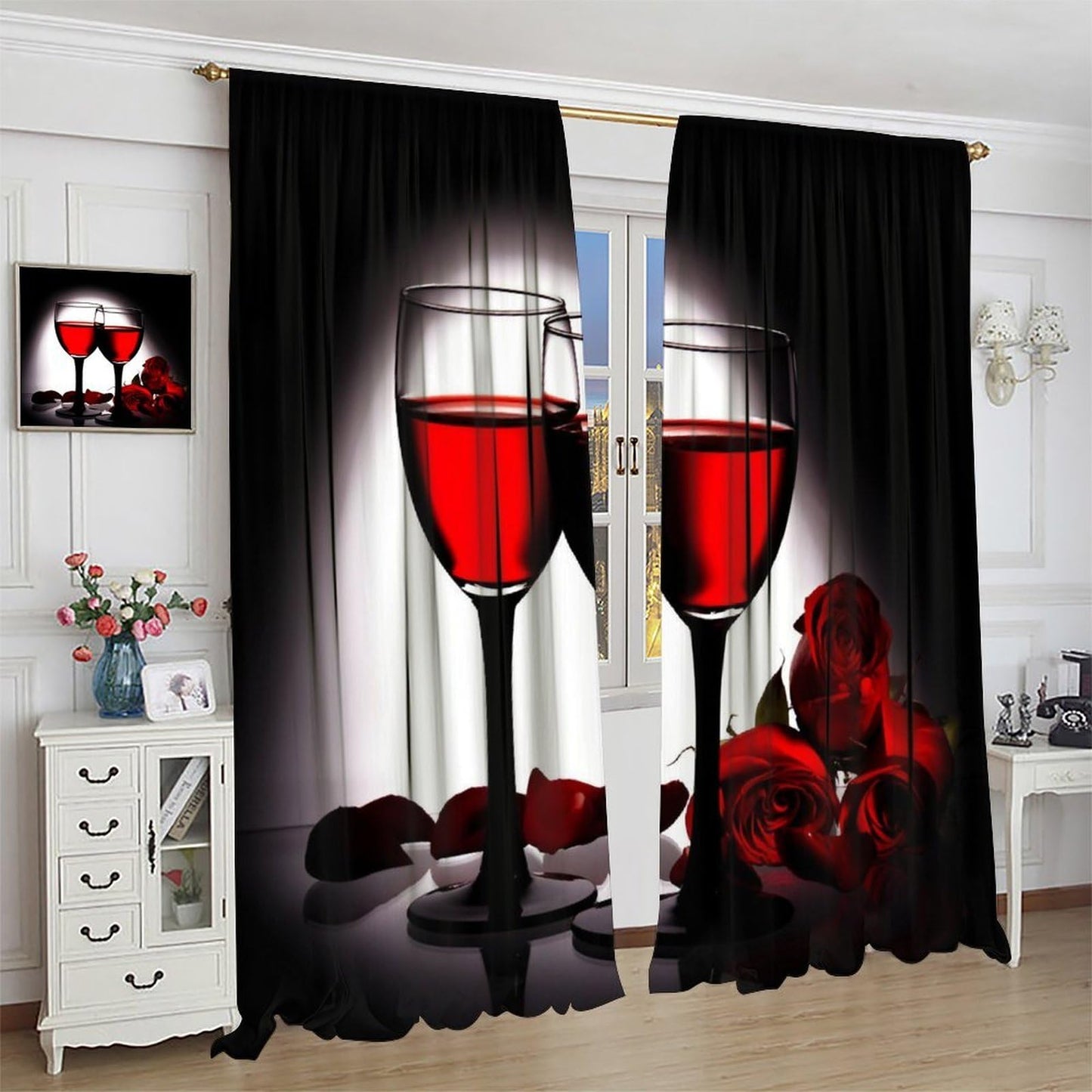 Nsbul Luxe Red Wine Rose Curtains, Romantic Valentine’s Dinner Vibe Rose Accents Passionate Window Drapes for Anniversary Date Night Bedroom Living Room Dining Decor, 42" W X 45" L (No Blackout)
