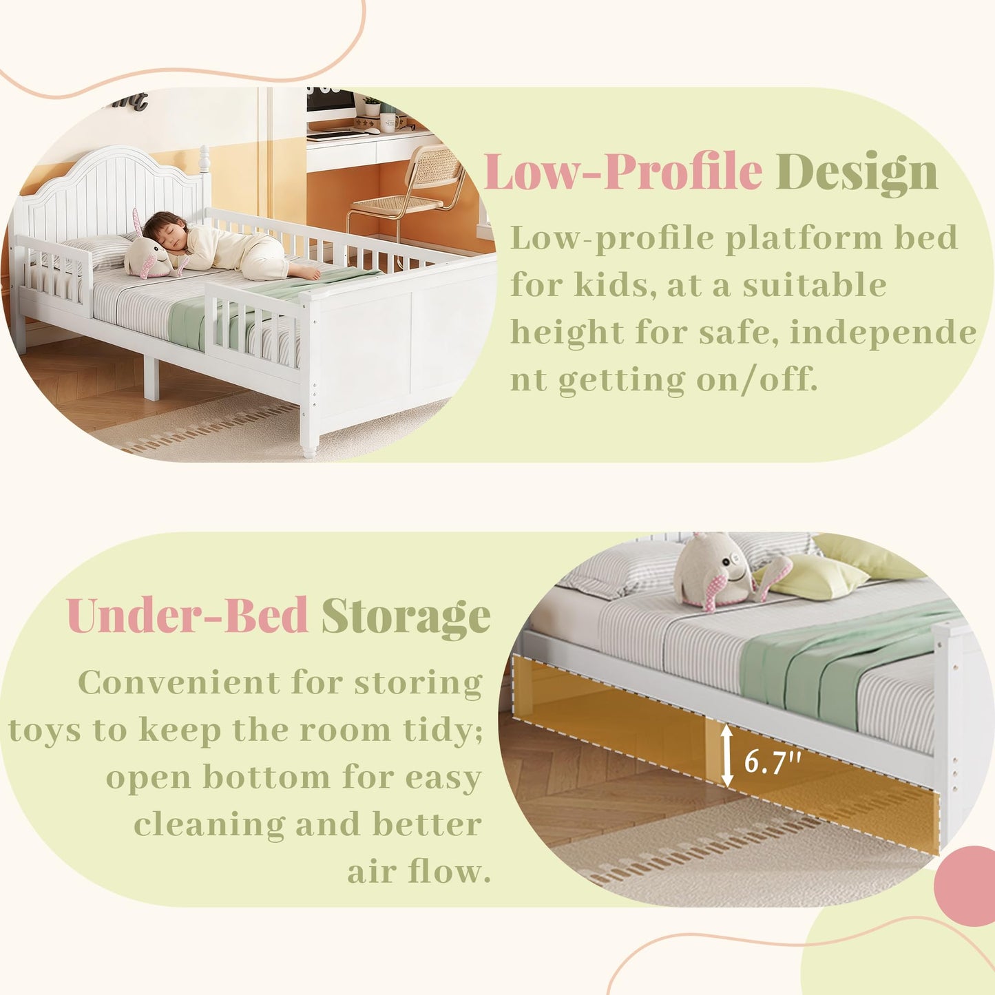 Aurnienofus Full Size Bed Frame Kids with Rails & Headboard, Wooden Low Platform Bed Frames with Detachable Guardrails, Footboard & Slat Support for Kids Girls Boys, Full Beds White
