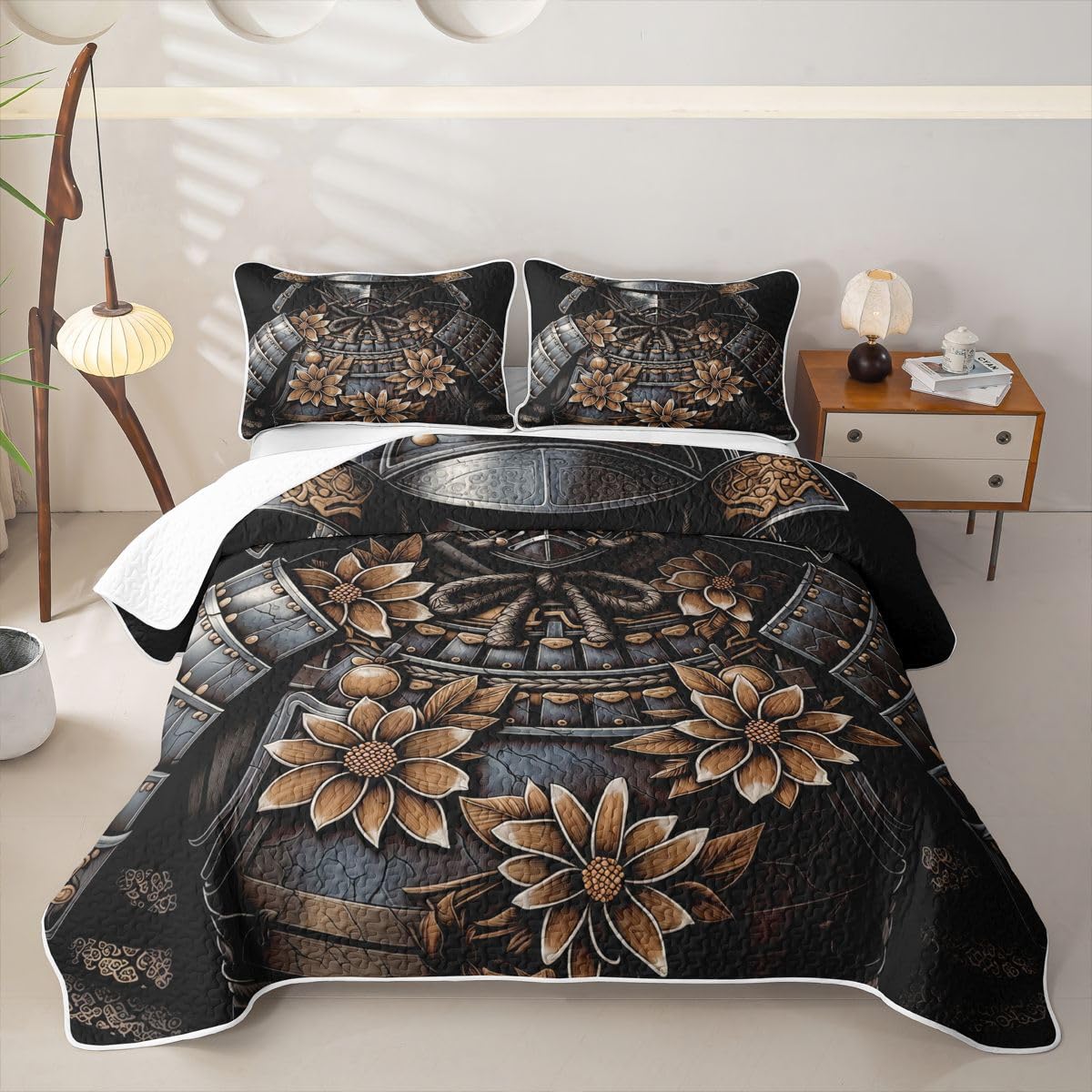 Erosebridal Japanese Samurai Quilts Twin Size - Armor Bedspread Coverlet Set, Ancient Japanese Style Quilt Coverlets 2Pcs (Only 1 Pillowcase)