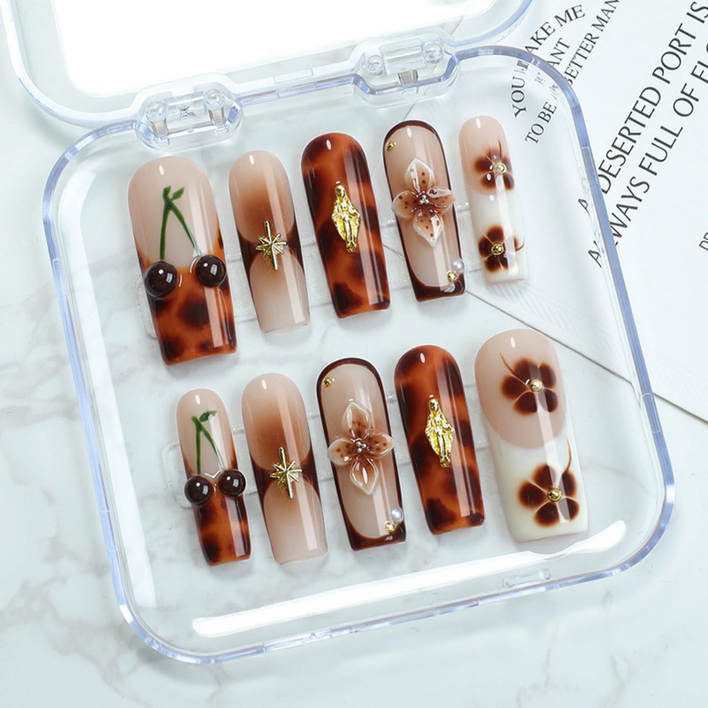 Brown French Tip Press on Nails Long Coffin Fake Nails Handmade Press on Nails 3D Luxury Flower and Cherry Embossed Designs Muti-Layer Gel Thick False Nails Glossy Acrylic Nails for Women (Size M)