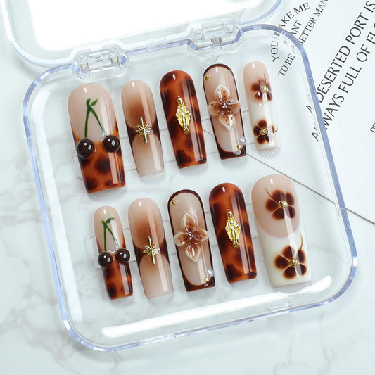 Brown French Tip Press on Nails Long Coffin Fake Nails Handmade Press on Nails 3D Luxury Flower and Cherry Embossed Designs Muti-Layer Gel Thick False Nails Glossy Acrylic Nails for Women (Size M)