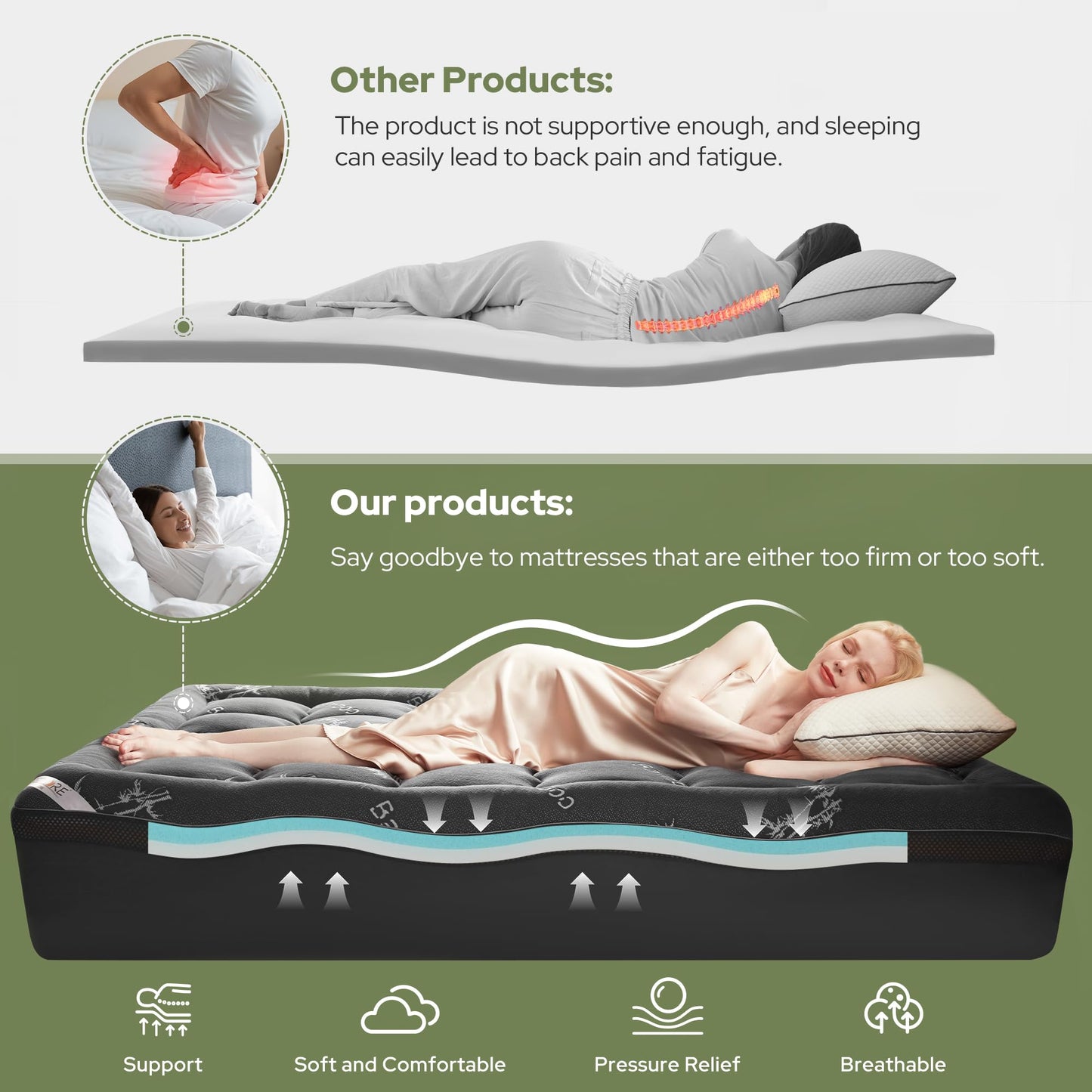 BEDLORE 4 Inch Memory Foam Mattress Topper Twin,2-in-1 Dual Layer Design (2" Gel Memory Foam + 2" Plush Pillow Top Cover) Mattress Topper Medium-Firm,Pressure Relief & Back Pain Support(Dark Gray)