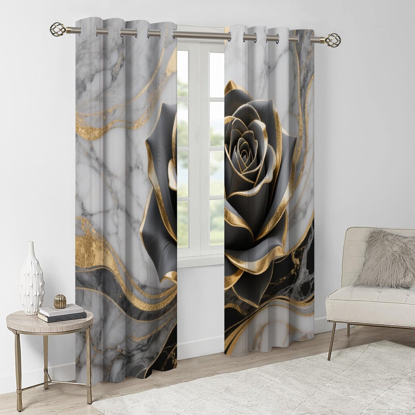 Black Elegant Rose Blackout Curtains, Bright Gold Texture 3D Print Pattern Curtain, 2 Panels Thermal Insulated Top Grommet Darkening Drapes for Living Room Bedroom(84" W x 84 "L)