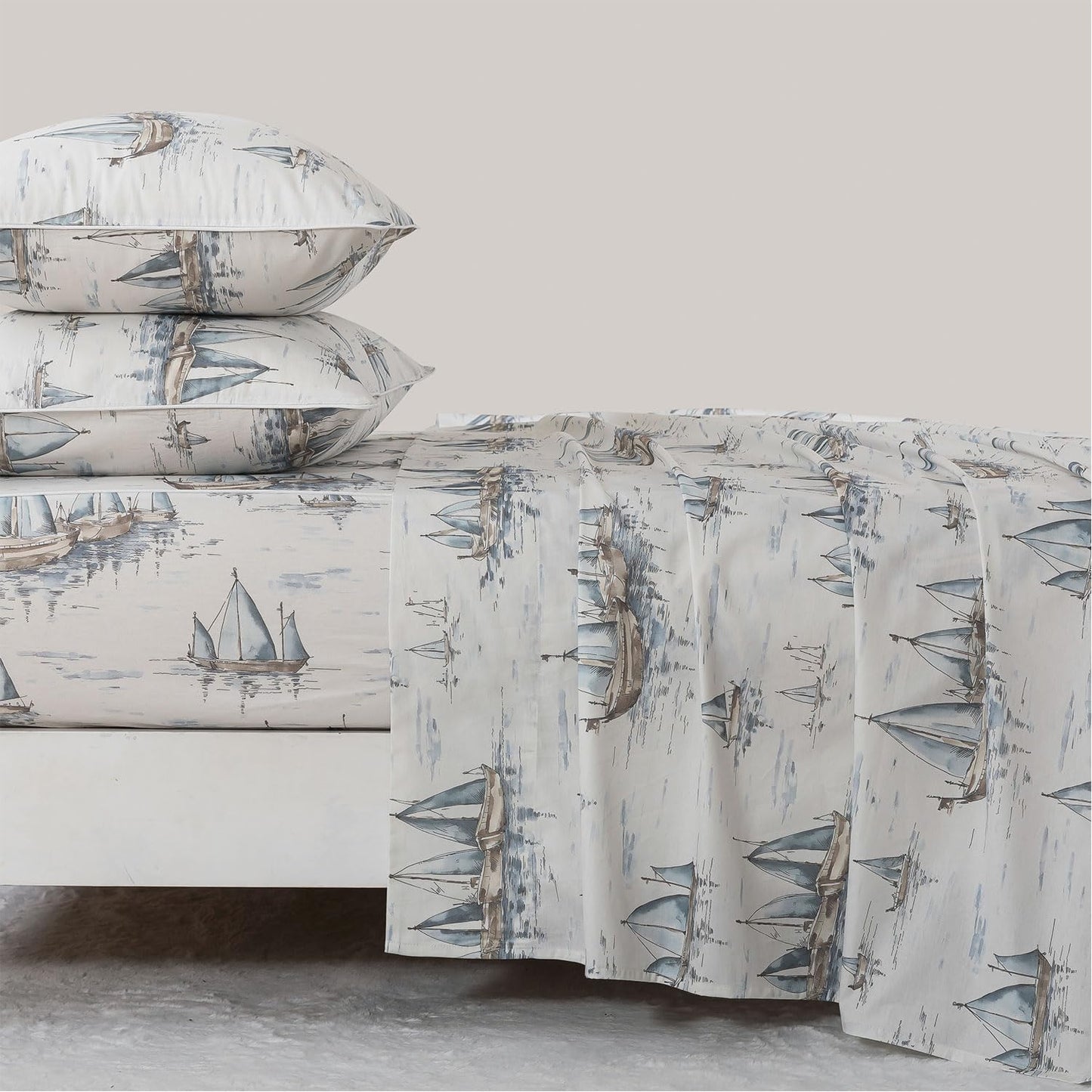 FADFAY Premium 100% Cotton Sheet Set Queen – Coastal Nautical Sailboat Bedding, Soft Gray Seaside Harbor Print, Soft Breathable Cooling Bed Sheets, Deep Pocket Luxury Coastal Bedding 4 Piece
