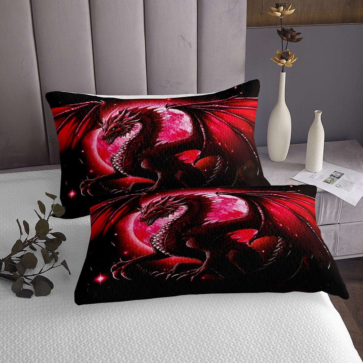 Castle Fairy Dragon Bedding Set Queen Size,Starry Sky Moon Night Bedspread for Kids Boys Teens Women Bedroom Decor,3D Animals Comforter Set Western Dragon Black Red Quilt Coverlet,2 Pillowcases