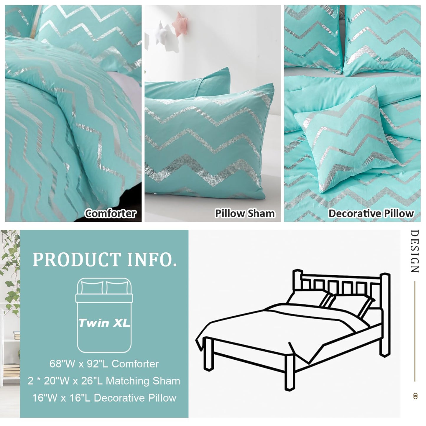 Menghomeus Aqua Comforter Set Twin XL Size Teal and Silver Bed Comforter 3 Piece Lightweight Microfiber Bedding for Teen Girls Boys (2 Pillow Cases + 1 Decorative Pillow Sham)