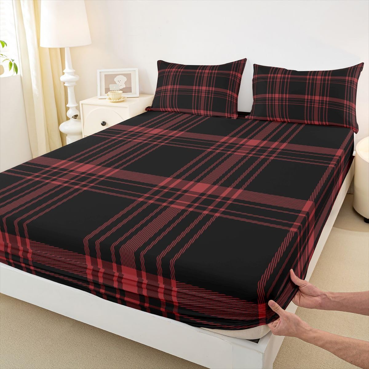jejeloiu Classic Red Black Plaid Fitted Sheet with 1 Pillowcase Twin Size Checkerboard Bed Sheets Set 16" Deep Pocket Boys Girls Farmhouse Bedding Aesthetic Grid Teens Bedroom Decor Breathable