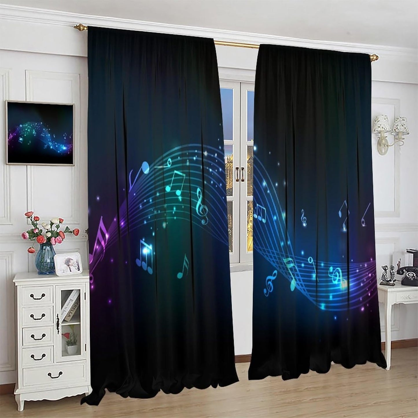 HZOHNAGO Music Curtain Blue Cyan Purple Dancing Notes Pattern Blackout Print Rod Pocket Window Drapes for Bedroom Living Room 42x45in