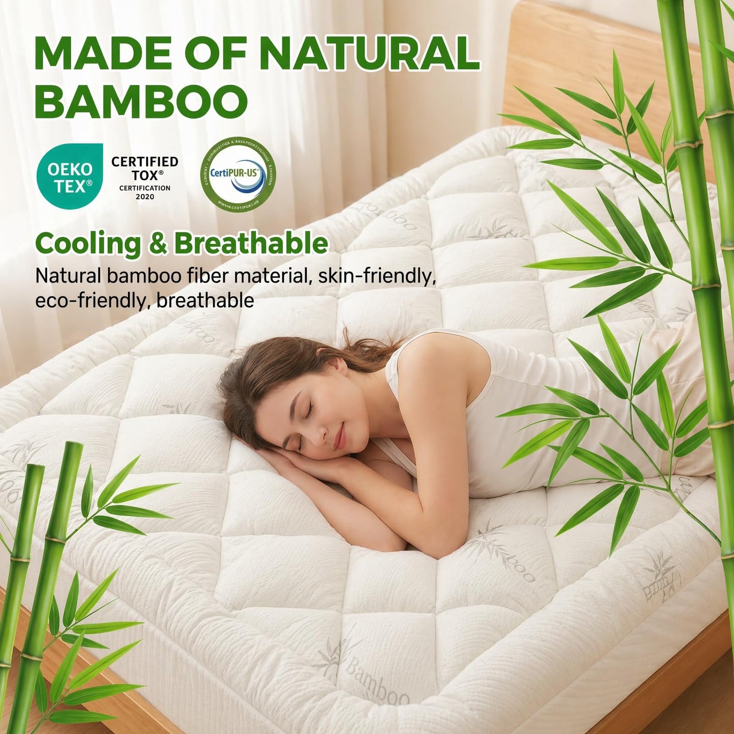 Waterproof Mattress Topper Queen - Extra Thick Breathable Bamboo Mattress Pad for Back Pain Relief, Up to 21 Inch Deep Pocket, Soft Cooling Cover for Hot Sleepers & Pets, Washable