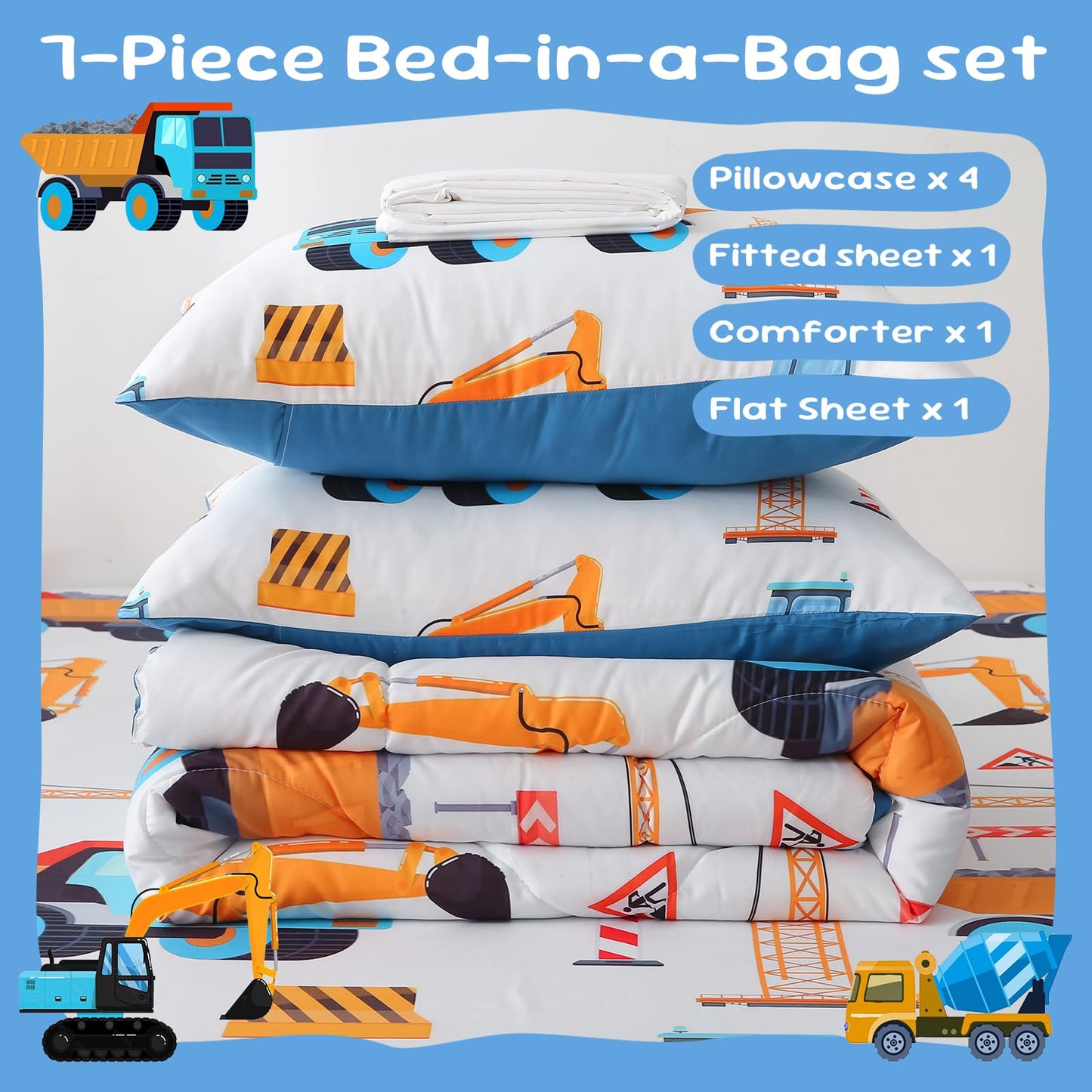 Jameswish 7 Pieces Boys Comforter Set Full Size Excavator Bedding Set Cartoon Car Kids Bed in a Bag Construction Truck Bedding for Children Kids Boys Teens for Birthday Choice