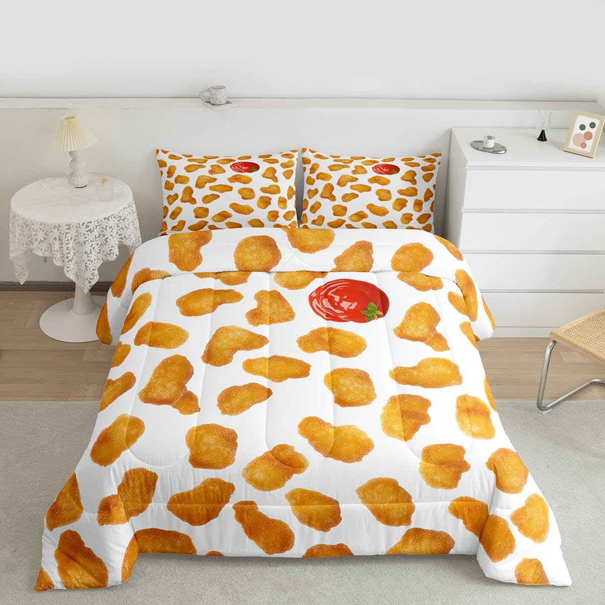 Erosebridal Chicken Nuggets Fried Comforter Set for Kids Boys Girls Teens Adult Food Bedding Set Queen Size Funny Food Down Comforter Men Women Duvet Set Bedroom Decor, Yellow