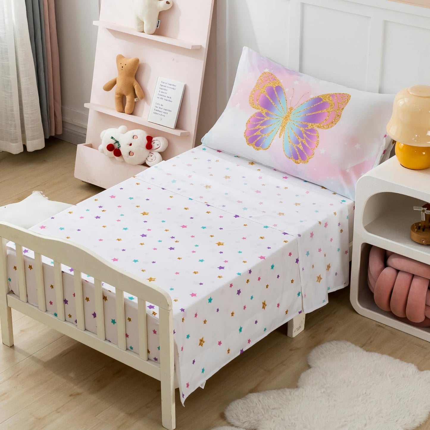 PINNKKU 4-Piece Toddler Bedding Set, Includes 1 Flat Sheet, 1 Fitted Sheet, 1 Comforter and 1 Reversible Pillowcase, Standard Toddler Comforter & Sheet Set, Ultra Soft Toddler Bed Set, Butterfly