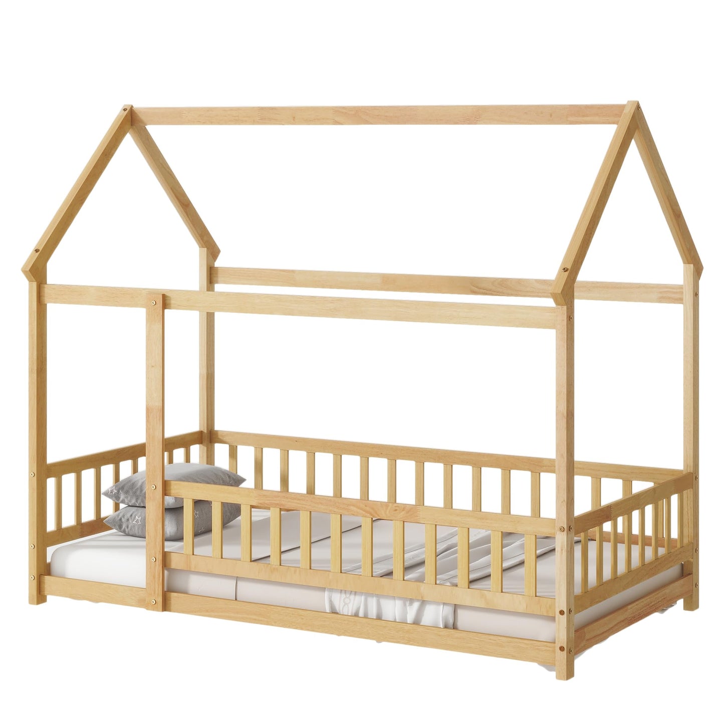 PVWIIK Twin Montessori Floor Bed with High Rails & Roof for Kids Bedroom,High Rails Bed Frame with Fence,No Box Spring Needed, Natural
