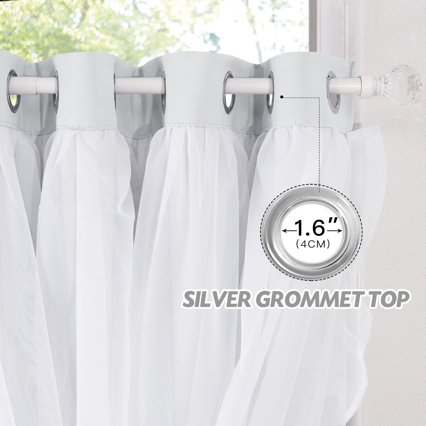 PONY DANCE Shabby Chic Curtains for Bedroom Double Layer White Ruffle Sheer Overlay with Tiebacks French Country Drapes for Bedroom Decor, 52" W x 84" L, Greyish White, 2 Pieces