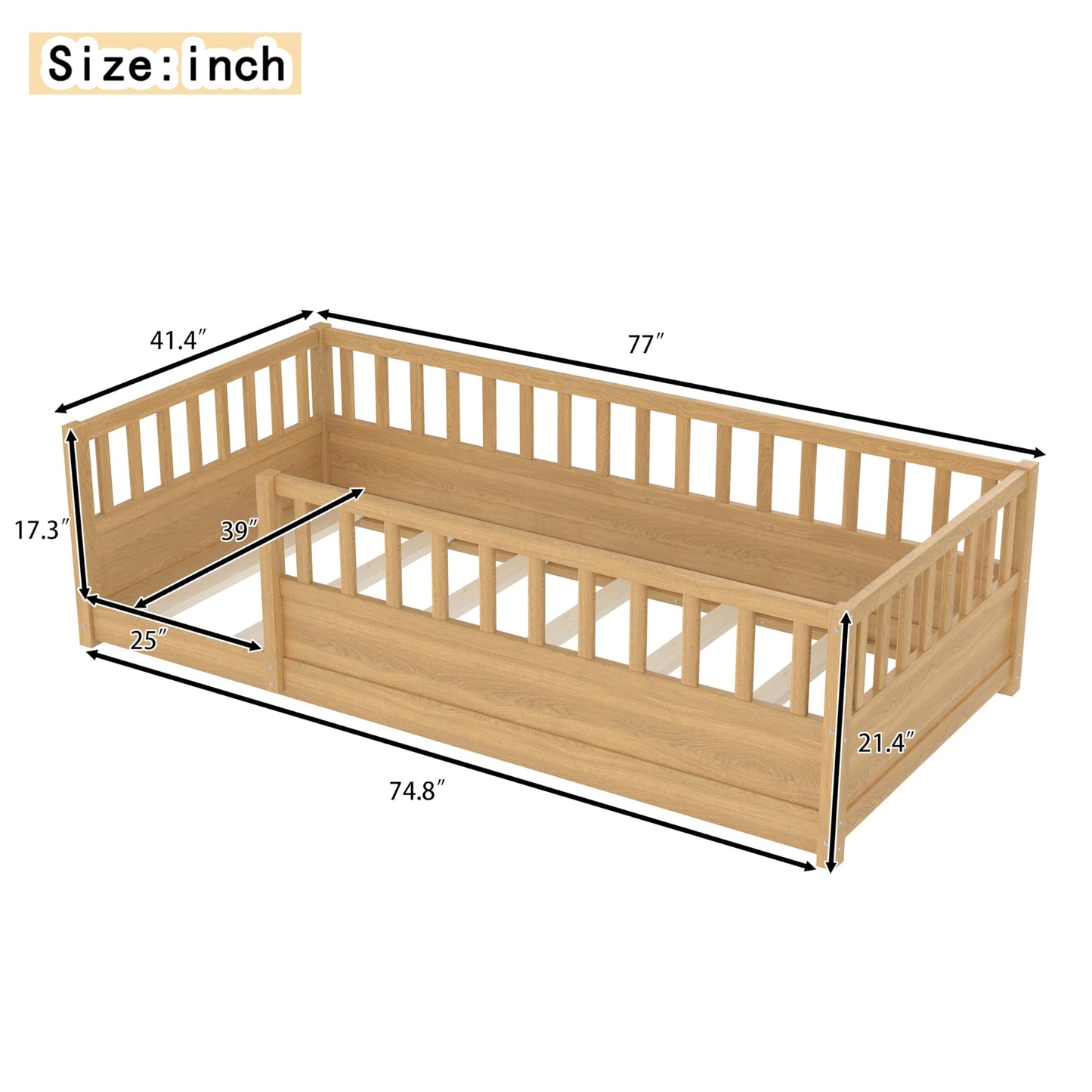 Leholume Twin Size Floor Bed with High Safety Guardrail - Solid Wood Low Profile Frame with Slats, Children's Floor Bed Frame, Easy Assembly for Kids, Natural
