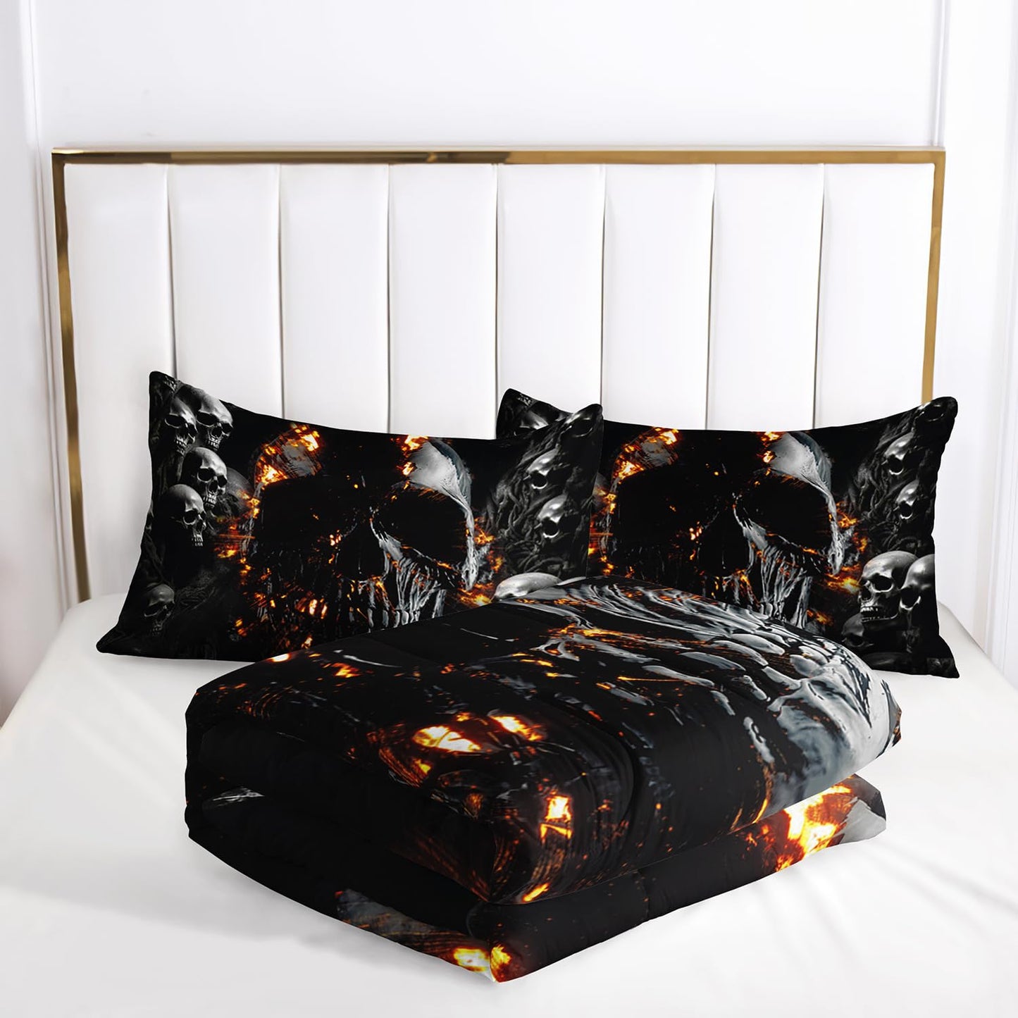AILONEN Gothic Skull Comforter Set Twin Size, Grey Skeleton Fire Skull Goth Bedding Set,Rock Skull Bedding Quilt with 2 Pillowcases,3 Pieces Skeleton Skull Black Twin Comforter Set