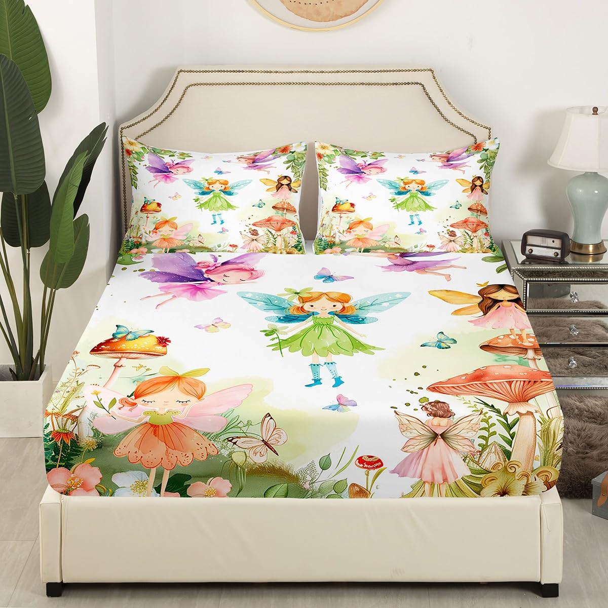 Erosebridal Fairy Garden Twin Bedding Set,Mushroom Butterfly Fitted Sheet for Girls Kids,Dreamy Fairy Floral Bed Set,Cute Girly Princess Bed Sheets 2Pcs Room Decor (No Flat Sheet)