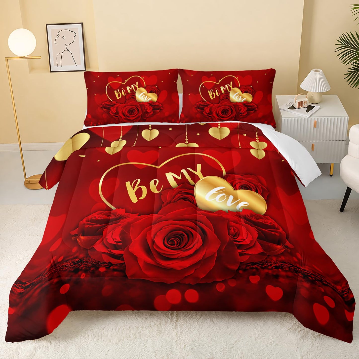 QOOMO Red Rose Kids Bedding Set,Plant Print Comforter Set Queen Size for Boys Girls Teen Room Decorat,Soft Lightweight Bed Set All Season,1 Comforter 2 Pillowcases