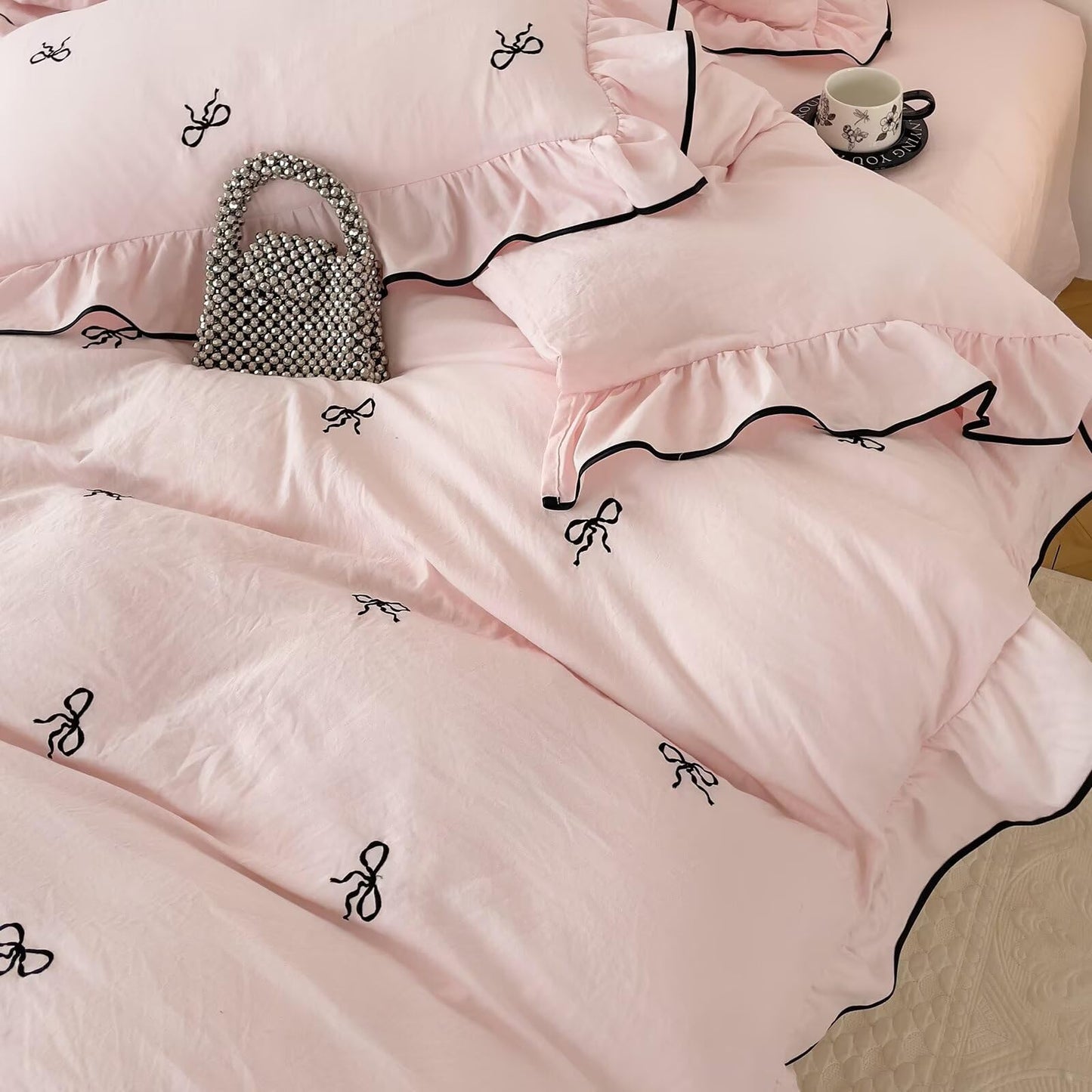 AMZTOP Cute Pink Duvet Cover Set Queen Size 3 Pcs with Bow,1 Duvet Cover with 2 Pillowcases,Washed Coquette Queen Bedding Set for Teen Girls,Zipper Ruffles Quilt Covers 90"×90"