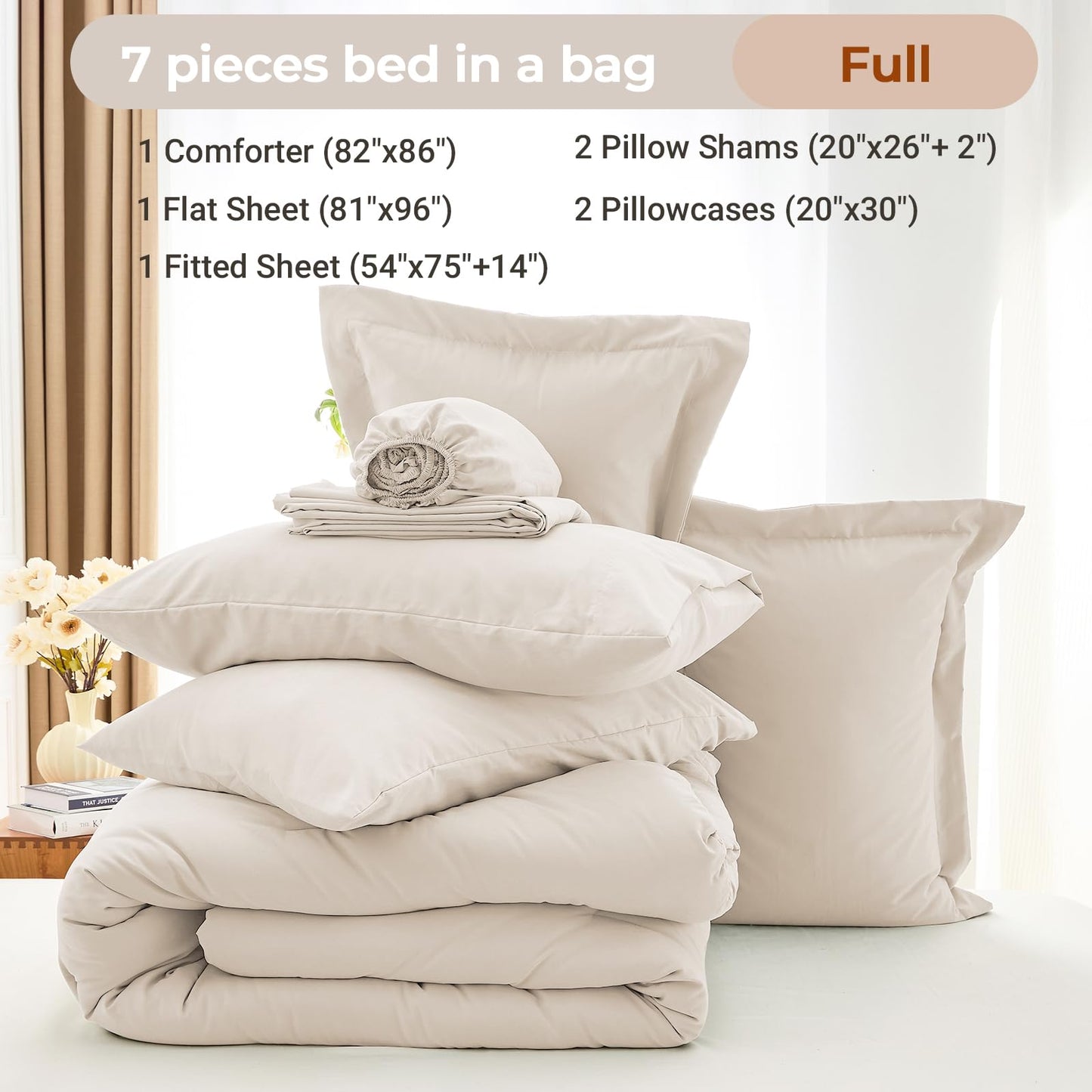 MUXHOMO 7 Pieces Full Comforter Set, Soft Bed in a Bag Full Size, All Season Bedding Set with Comforter, Flat Sheet, Fitted Sheet, Pillowcases & Shams, Beige