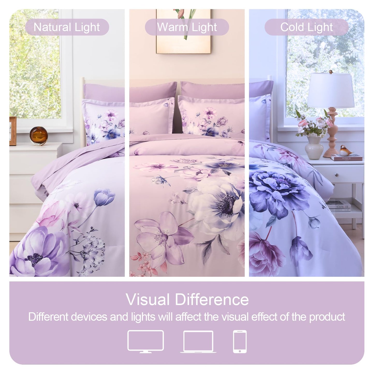Floral Comforters Queen Size 7 Pieces Botanical Purple Flower Bed in a Bag Ulter Soft Microfiber Bedding Set, Lightweight Bed Comforter Set with Sheets for All Season (Purple, Queen)