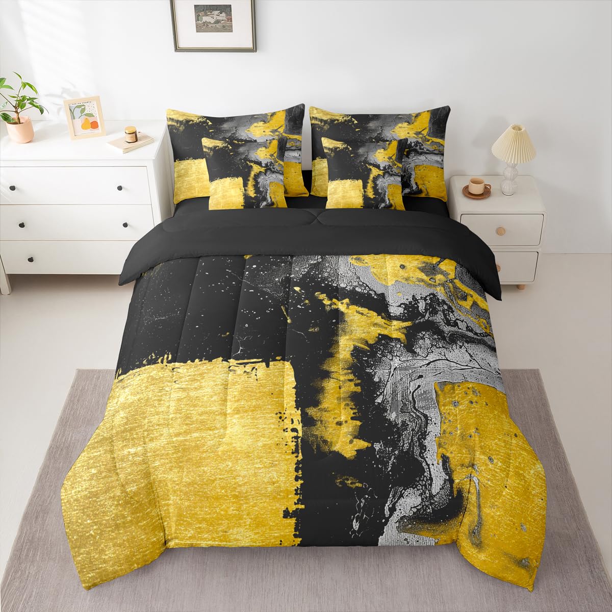 Feelyou Abstract Comforter Set with Sheets 7 Piece King Size Modern Abstract Art Bedding Set for Kids Boys Girls Luxury Bed in a Bag Geometric Room Decor Yellow Black Soft Lightweight Microfiber