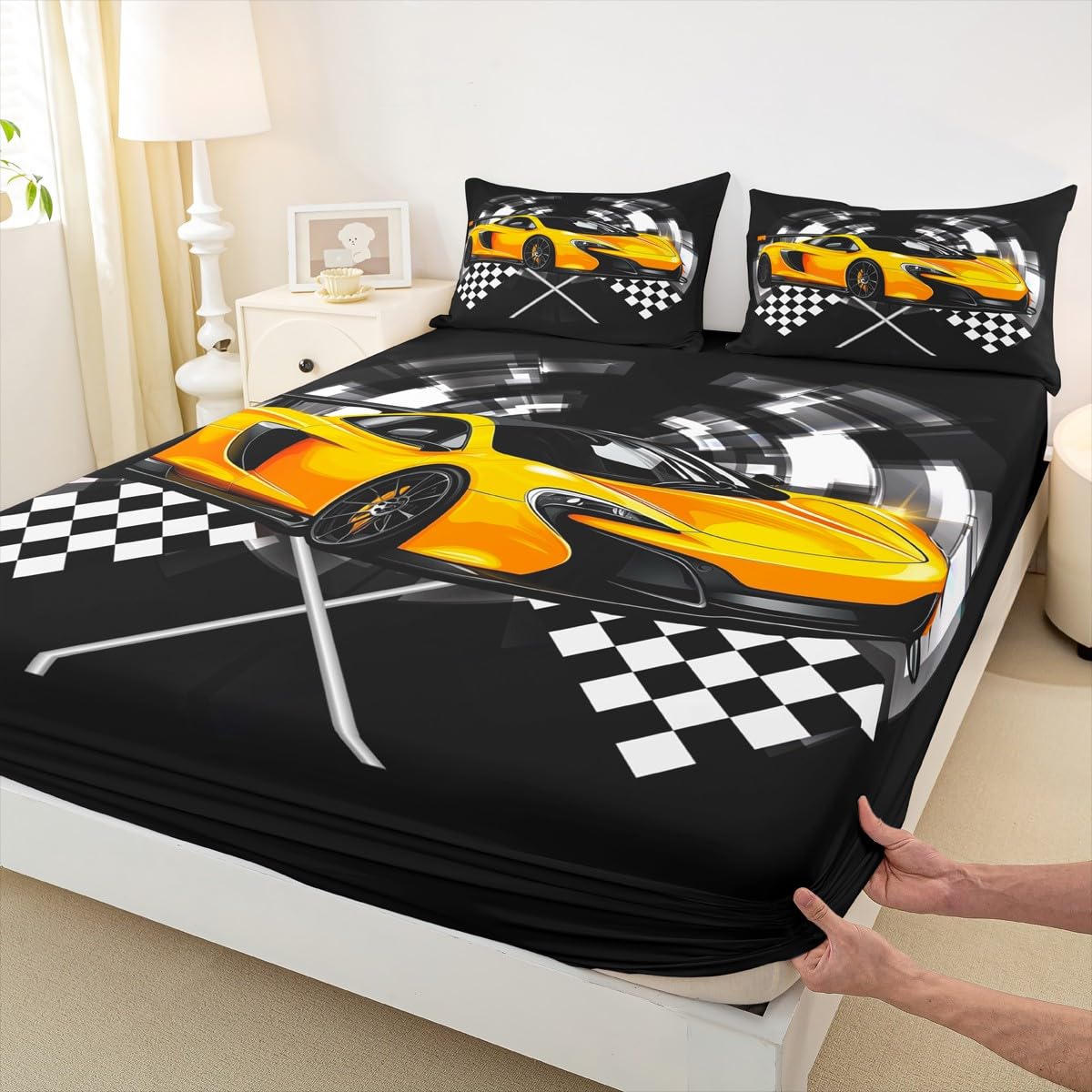 Manfei Yellow Race Car Fitted Sheet Full Size, Black and White Lattice Bed Cover, Extreme Sport Games Bedding Set 3pcs for Kids Teens Boys Man Room Decor,Soft Modern Bed Sheets with 2 Pillowcases