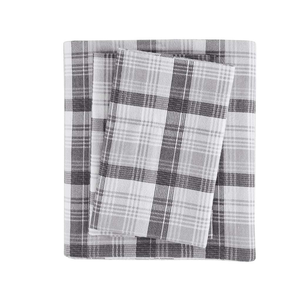 Woolrich Cotton Sheet Set Cottage Charms Print, 100% Cotton Flannel Sheets Warm & Fuzzy Bedding Set Queen Size Sheets, Fitted Pocket Fits Up to 14" Mattress, Queen Grey Plaid, 4 Piece