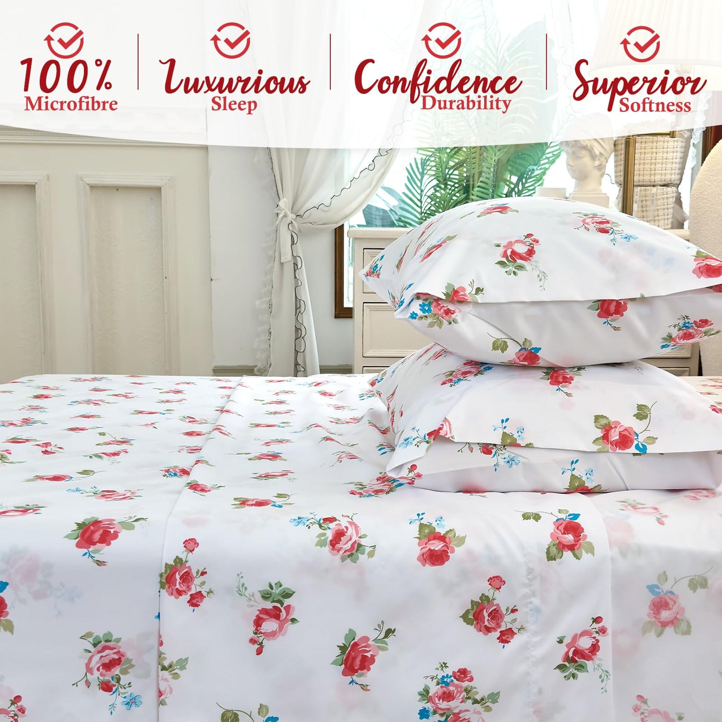 MICORAL Floral Queen Sheet Set, 4-Piece Printed Bed Sheets, 16" Deep Pocket, Ultra Soft & Cooling Sheet, Oeko-TEX Certified, Garden Rose