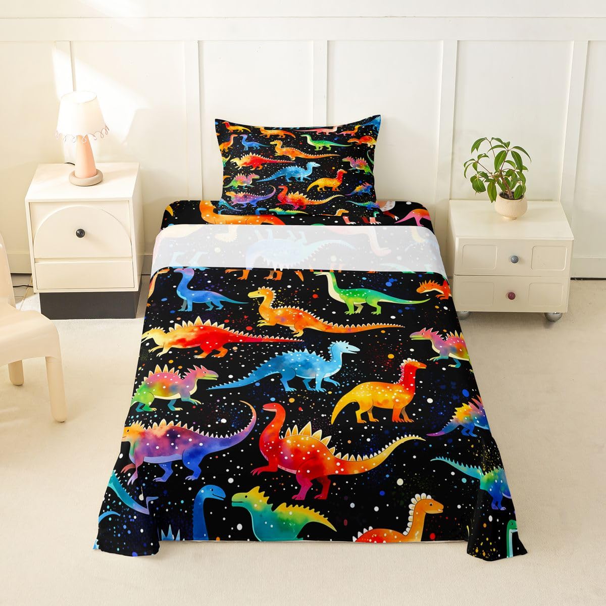 Feelyou Dinosaur Bed Sheets Set Twin Size 3D Digital Print Bed Set Jungle Dino Deep Pocket Fitted Sheet Wild Animal Breathable Soft Lightweight Microfiber Orange Blue Red