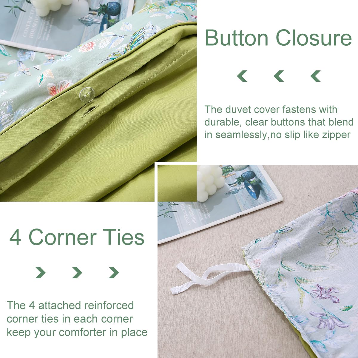 URBONUR 100% Cotton Duvet Cover Set Twin Size 3 Piece Green Floral Butterfly Printed Bedding Set, Soft and Breathable Comforter Cover Sets, Twin Size