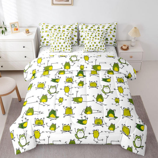 Erosebridal Green Frog Bed in a Bag Queen Comforter Set 7-Piece | Funny Frog Bedding Sets Cartoon Wild Animals Comforter and Sheet Set, Cute Reptile Lovely Wildlife Room Decor
