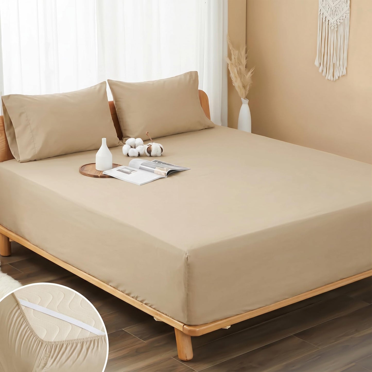 HOMTEC 100% Cotton Percale Fitted Sheet California King Size, 8-15" Deep Pocket Cooling Bottom Sheet, Breathable Soft & Crisp Fitted Sheet Only with 4 Corner Straps (Cal King, Sandshell)