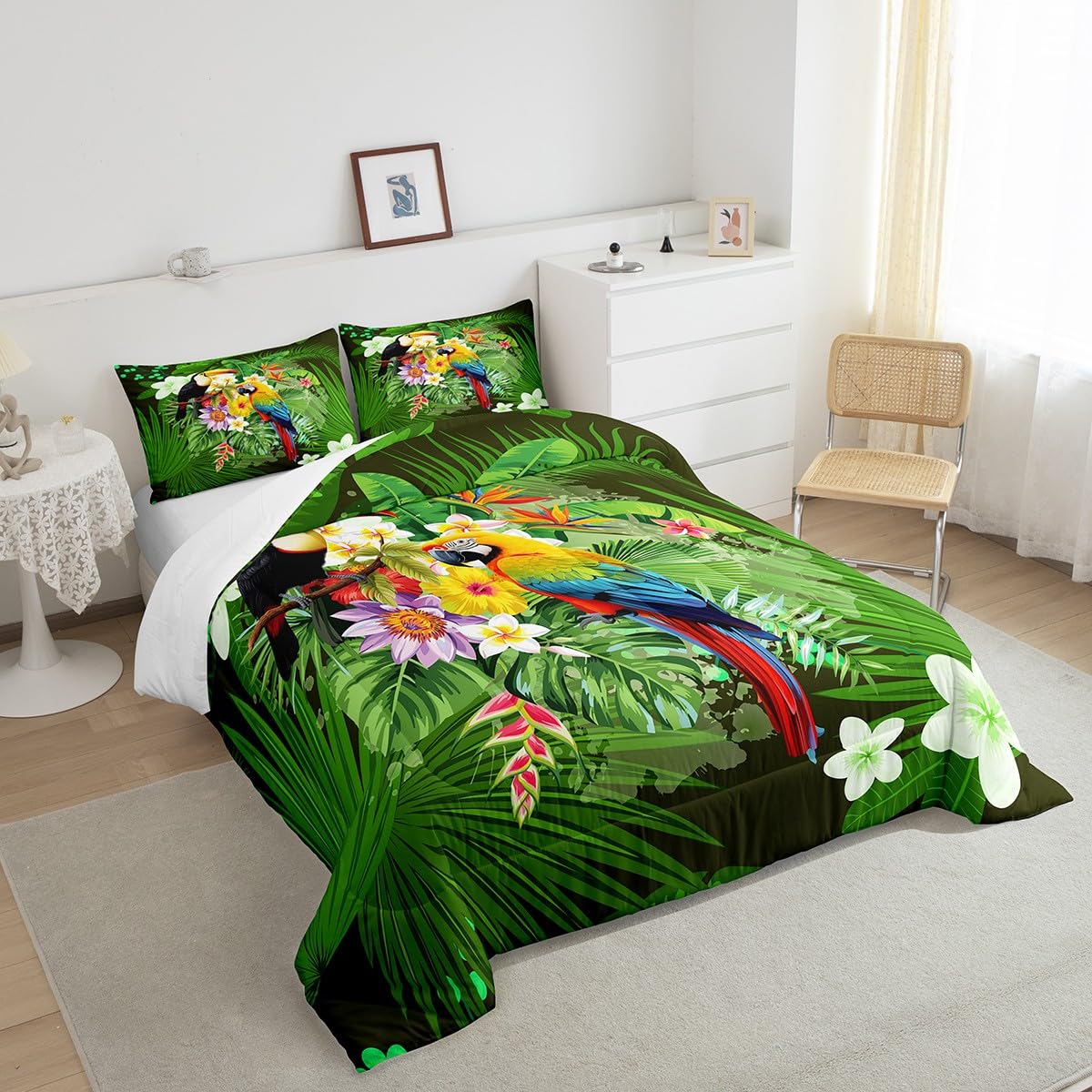 Toucan Comforter Twin Size Parrot Bedding Sets Safari Animals Comforter Set for Kids Girls Women Tropical Palm Leaf Floral Birds Fresh Nature Down Comforter with 1 Comforter and 1 Pillow Case Green