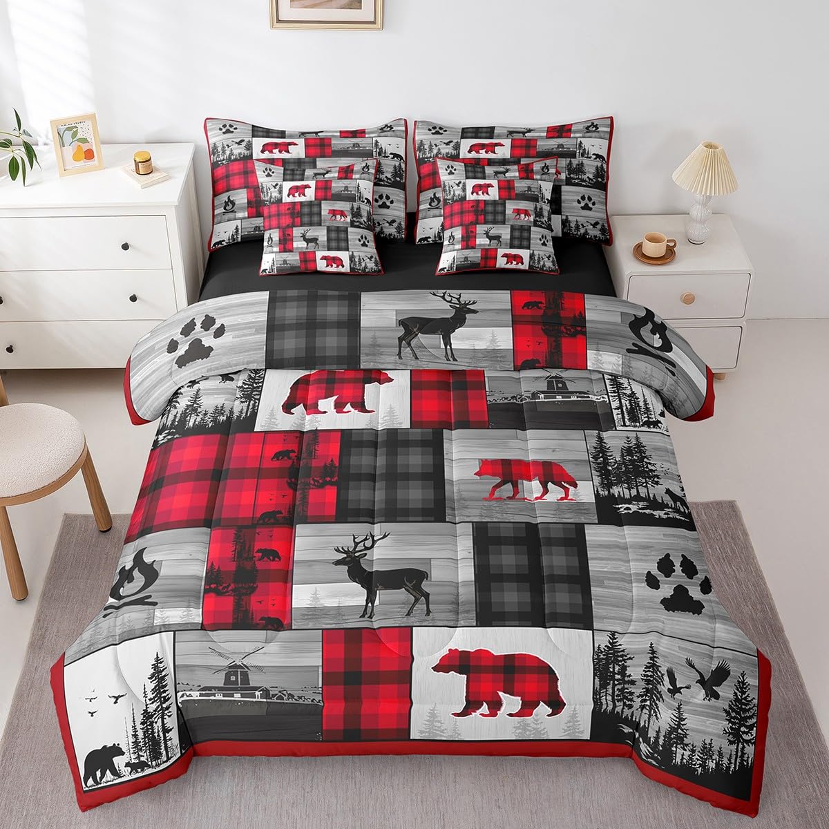 Feelyou Rustic Bear Comforter Set 7 Pieces Twin Size Kids, Deer Hunting Wood Cabin Bedding Set Boys Girls, Wildlife Hunting Theme Bed in a Bag,Comforter + Sheets + Pillowcases + Cushion Covers