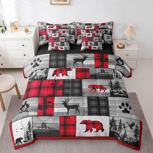 Feelyou Rustic Bear Comforter Set 7 Pieces Twin Size Kids, Deer Hunting Wood Cabin Bedding Set Boys Girls, Wildlife Hunting Theme Bed in a Bag,Comforter + Sheets + Pillowcases + Cushion Covers