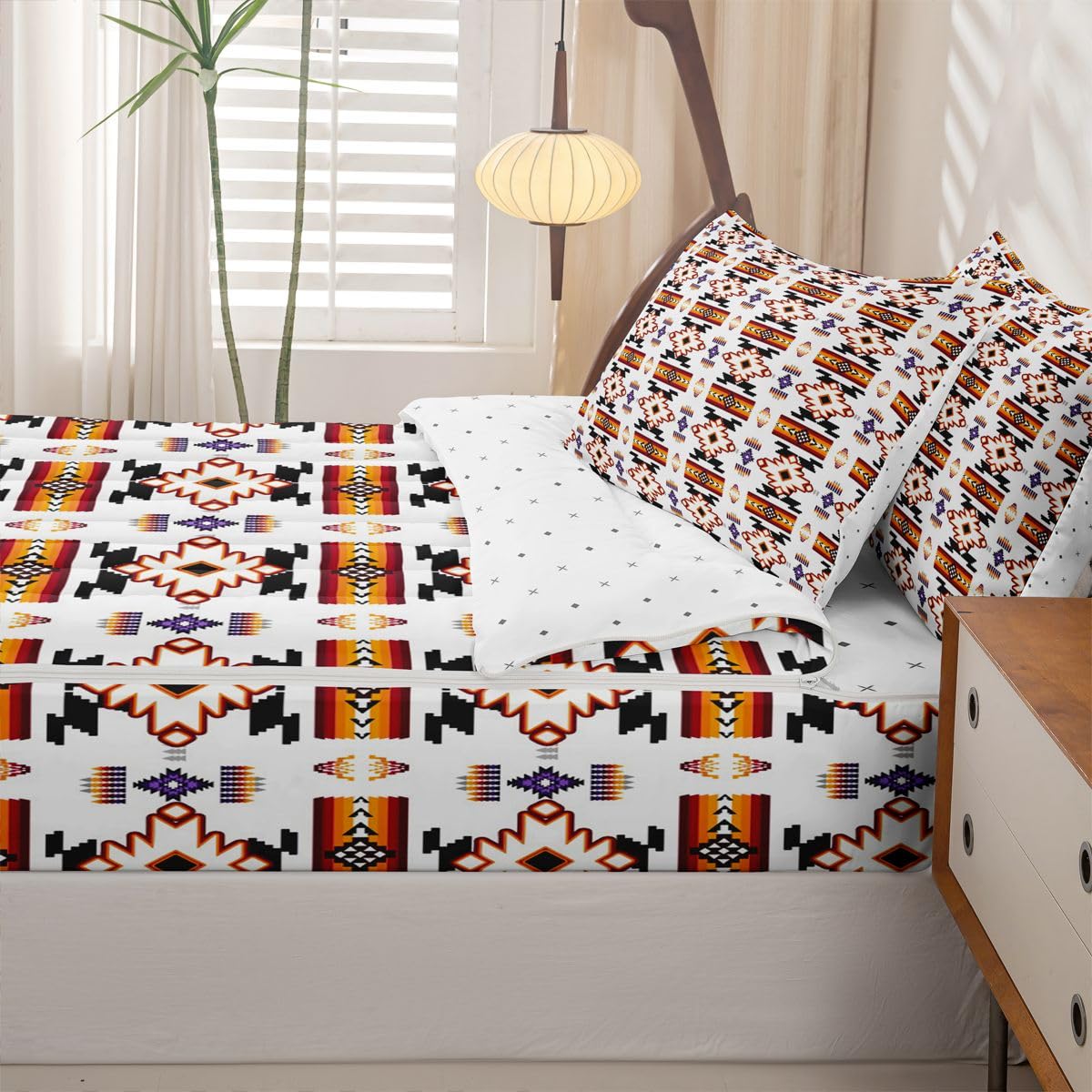 Erosebridal Western Aztec Zipper Bedding Queen Vintage Geometric Zip Up Bedding Set for Boys and Kids, Boho Western Bed in a Bag Native American Rustic Farmhouse Comforter Set with Sheets White
