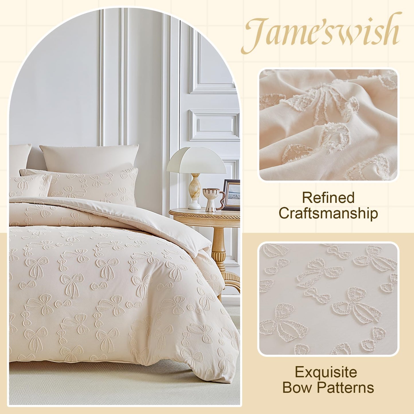 Jameswish 7 Pieces Bow Comforter Set for Girls Khaki Tufted Boho Bedding Set Queen Size Farmhouse Bed in A Bag as Gifts (1 Comforter, 1 Flat Sheet, 1 Fitted Sheet, 2 Pillowcase and 2 Pillow Sham)