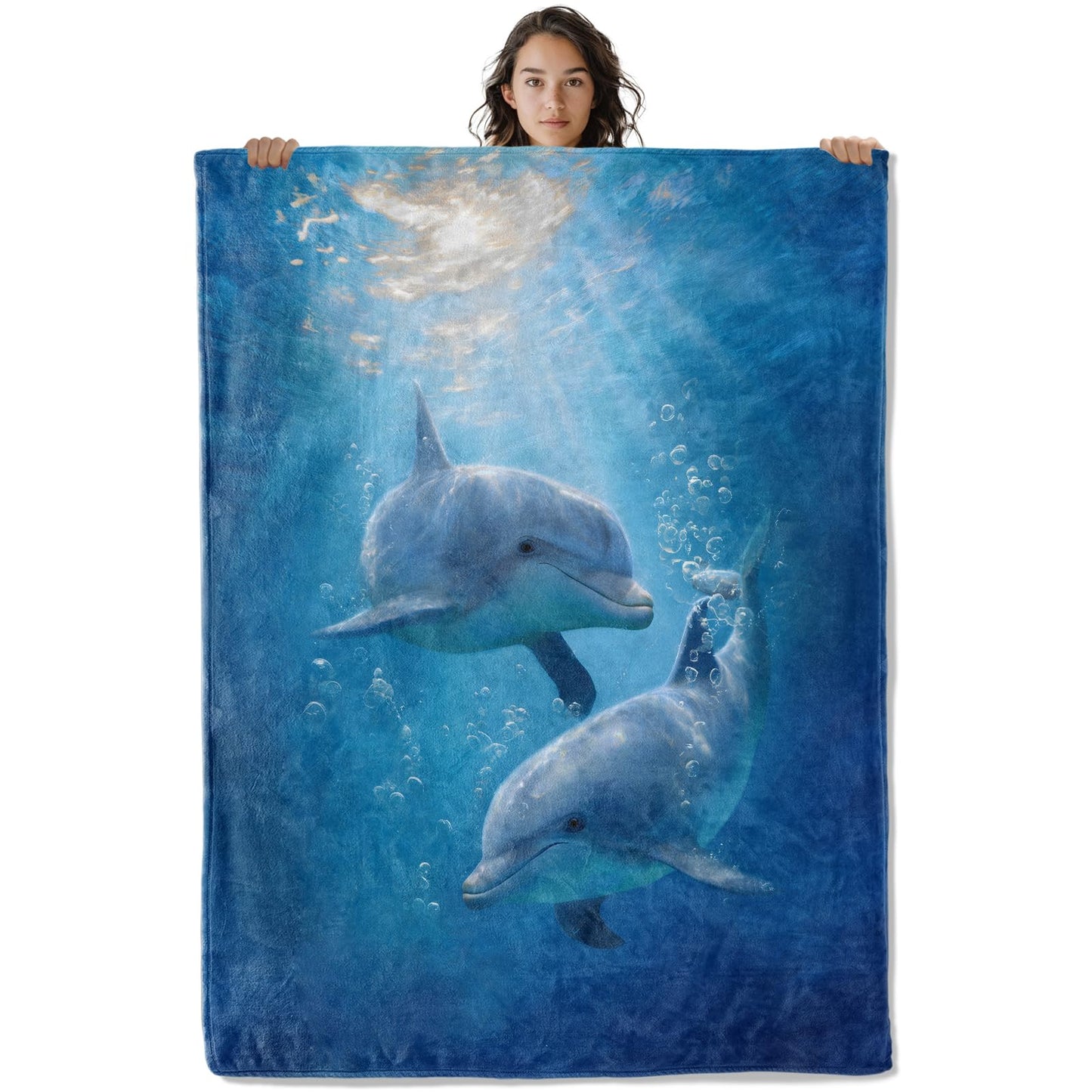 Graceful Dolphin Ocean Blanket, 60 x 50 Inch Flannel Marine Fish Cute Dolphins Throw Blanket, Gifts for Women Girls Boys Adults Kids, Lightweight Cozy Warm Blankets for Sofa Travel Home Decor
