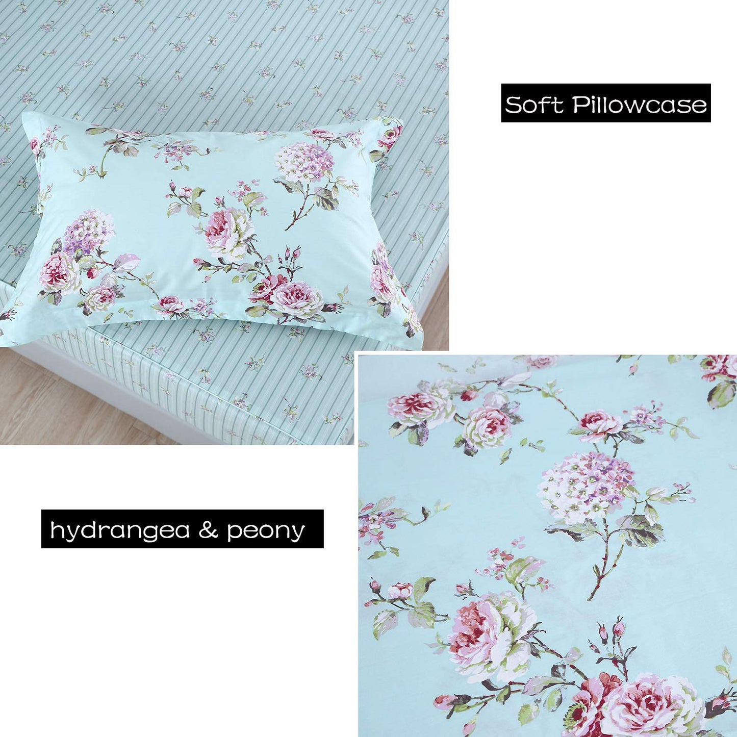 FADFAY Sheet Set King Farmhouse Bedding Rose and Hydrangea Flower Printed 100% Cotton Blue Floral Bed Sheet Shabby Vintage Deep Pocket Fitted Sheet 4-Pieces King