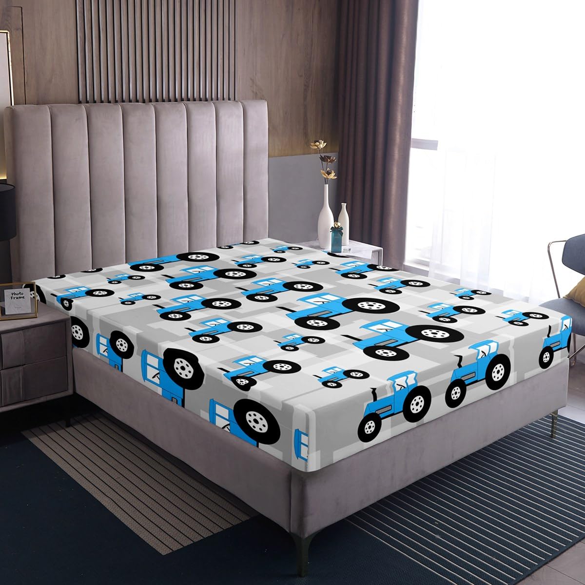 Blue Tractor Bedding Set - Cartoon Car Fitted Sheet for Boys & Girls - Farm Equipment Trucks - Full Size Bed Set (3Pcs)