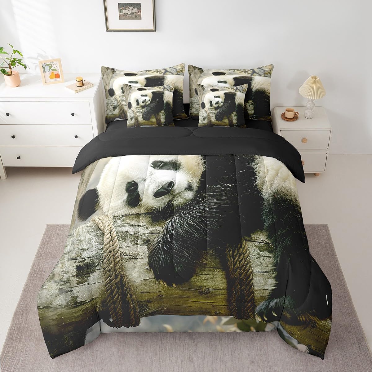 Feelyou Panda Comforter Set Queen Size 7 Pieces for Kids Cartoon Panda Bed in a Bag Boys Girls Animal Bed Set Includes Comforter, Sheet Set, Pillowcases & Pillow Covers - Super Soft Breathable